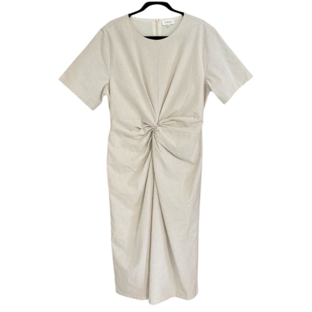 BOHME Cream Twist Front Muslin Linen Cotton Midi Dress, size L NEW CONDITION
